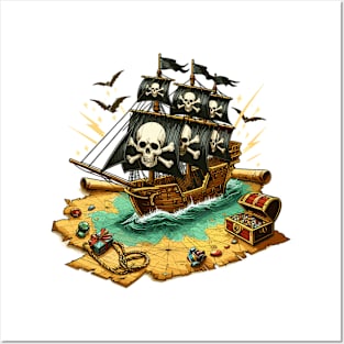 Pirate Ship, Sailing On A Treasure Map Posters and Art